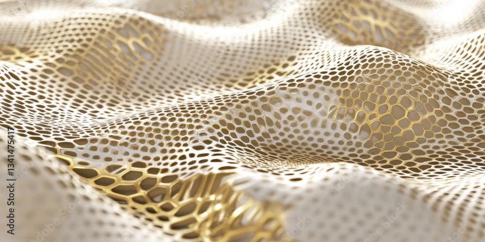A geometric 3D background showcasing a pattern of interwoven hexagons with a metallic finish. The golden reflections and subtle shadows create a futuristic, high-tech aesthetic perfect for digital