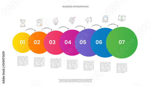 Business vector infographics with 7 circles and arrows. Timeline visualization with seven steps for diagram, flowchart, banner, presentations, web, content, levels, chart, graphic