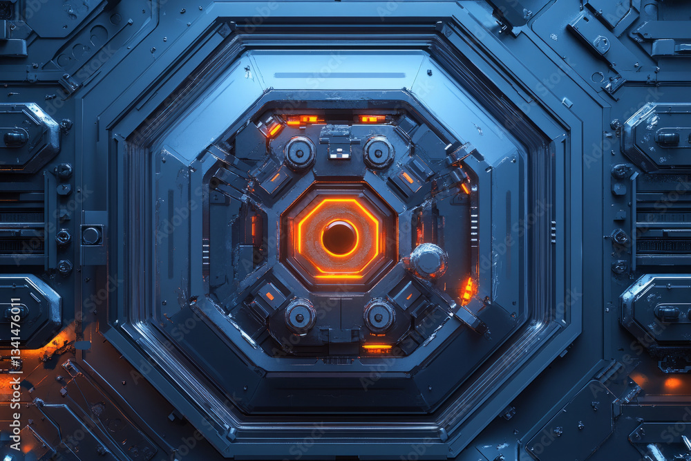 A hyper-detailed 3D hexagonal vault door with intricate mechanical locks and glowing security runes. The futuristic bank vault design, embedded with AI-powered biometric scanners, creates an advanced