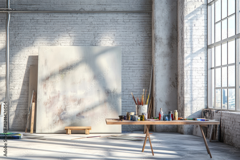 A modern minimalist artist’s studio 3D background room with large canvas paintings leaning against white brick walls, soft natural light streaming through massive industrial windows, and scattered