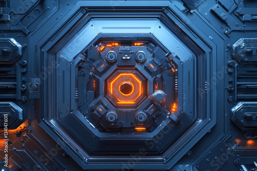 Obraz na płótnie A hyper-detailed 3D hexagonal vault door with intricate mechanical locks and glowing security runes. The futuristic bank vault design, embedded with AI-powered biometric scanners, creates an advanced w salonie