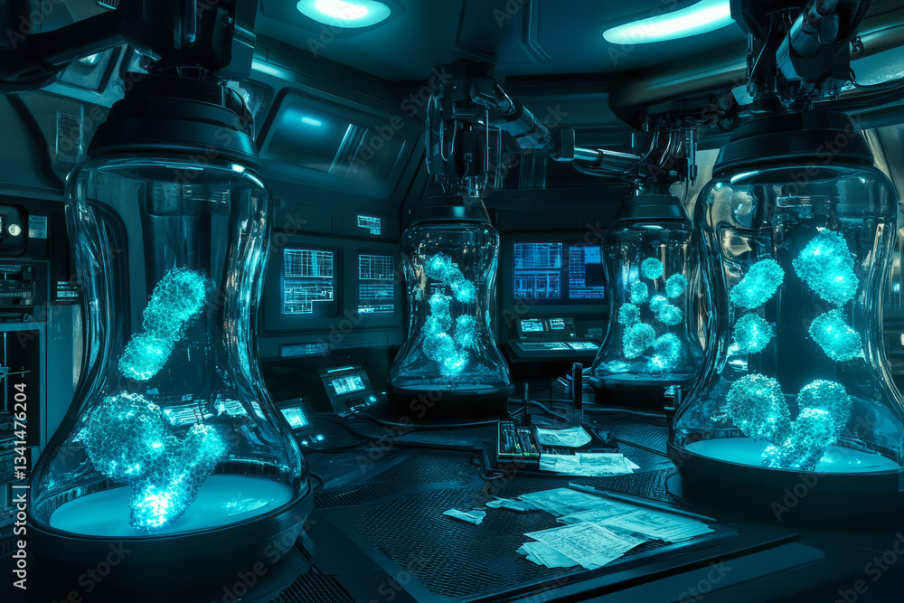 A high-tech alien laboratory 3D background room with floating transparent stasis chambers, strange bioluminescent organisms suspended in liquid, glowing alien scripts running across futuristic control