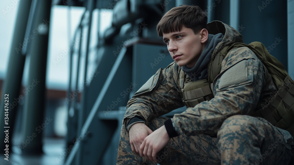 Fototapeta premium Young male soldier in military uniform looking thoughtful while sitting on a ship deck