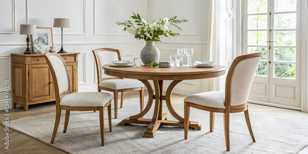 Elegant Wooden Dining Table Set – Classic Round Table with Upholstered Chairs for Stylish Interiors Elegant Wooden Dining Table Set – Classic Round Table with Upholstered Chairs for Stylish Interiors
