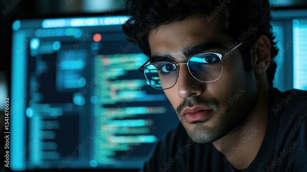 A focused young man with glasses looks intently at computer code on a glowing screen, embodying the essence of technology and programming. A focused young man with glasses looks intently at computer code on a glowing screen, embodying the essence of technology and programming.