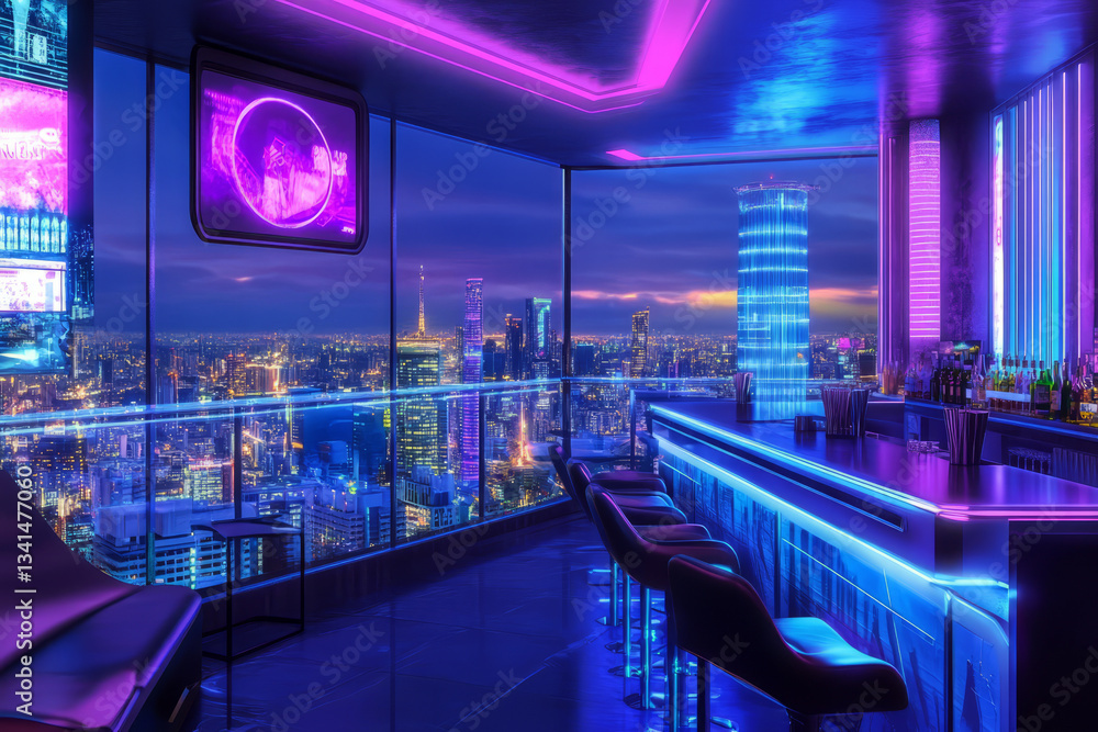 A neon cyberpunk rooftop lounge 3D background room with holographic advertisements flickering across the skyline, glowing bar counters stocked with futuristic cocktails, and sleek lounge chairs