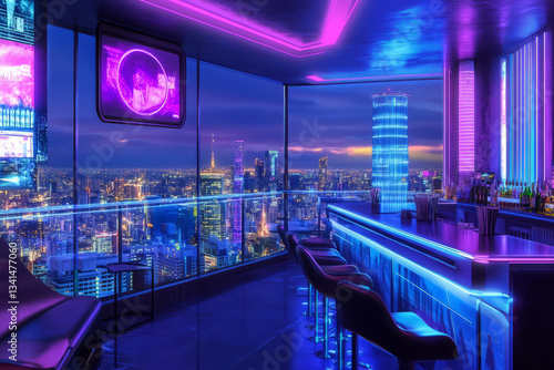 Obraz na płótnie A neon cyberpunk rooftop lounge 3D background room with holographic advertisements flickering across the skyline, glowing bar counters stocked with futuristic cocktails, and sleek lounge chairs w salonie