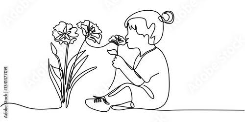 Child smelling flower in continuous line art drawing style, Child smelling flower in continuous line art drawing style. Small girl squatted down to sniff the fragrant flower. Black linear sketch.