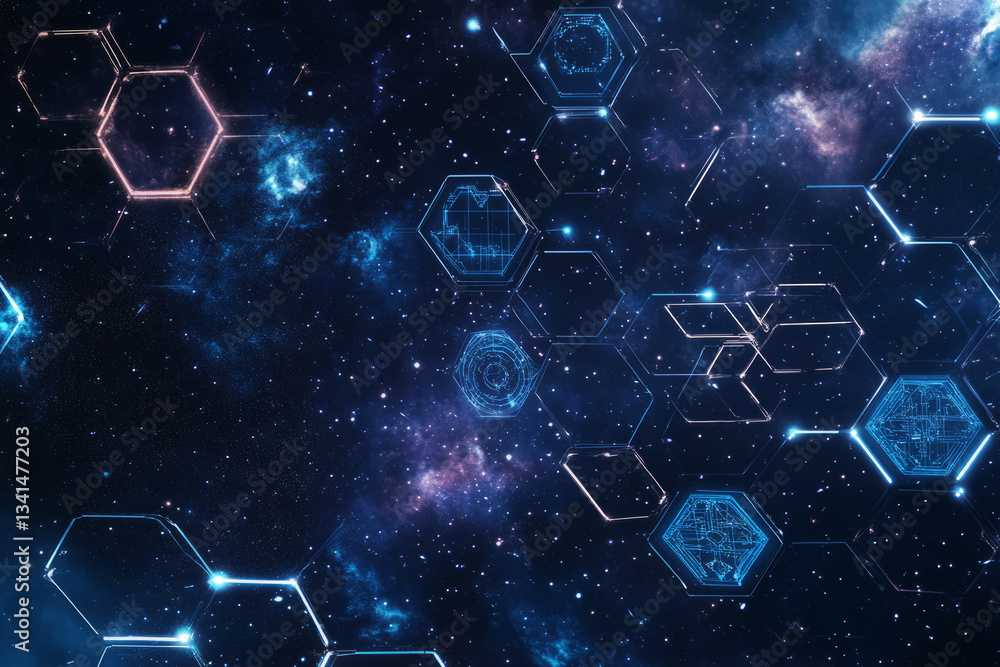 A deep-space themed 3D background with hexagonal panels appearing like modular spaceship walls. Some hexagons display holographic star charts, while others emit a soft, blue glow, creating an