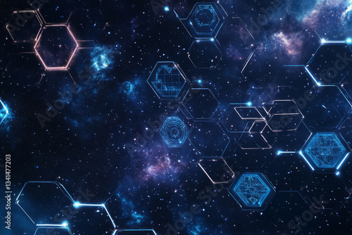 Obraz na płótnie A deep-space themed 3D background with hexagonal panels appearing like modular spaceship walls. Some hexagons display holographic star charts, while others emit a soft, blue glow, creating an w salonie