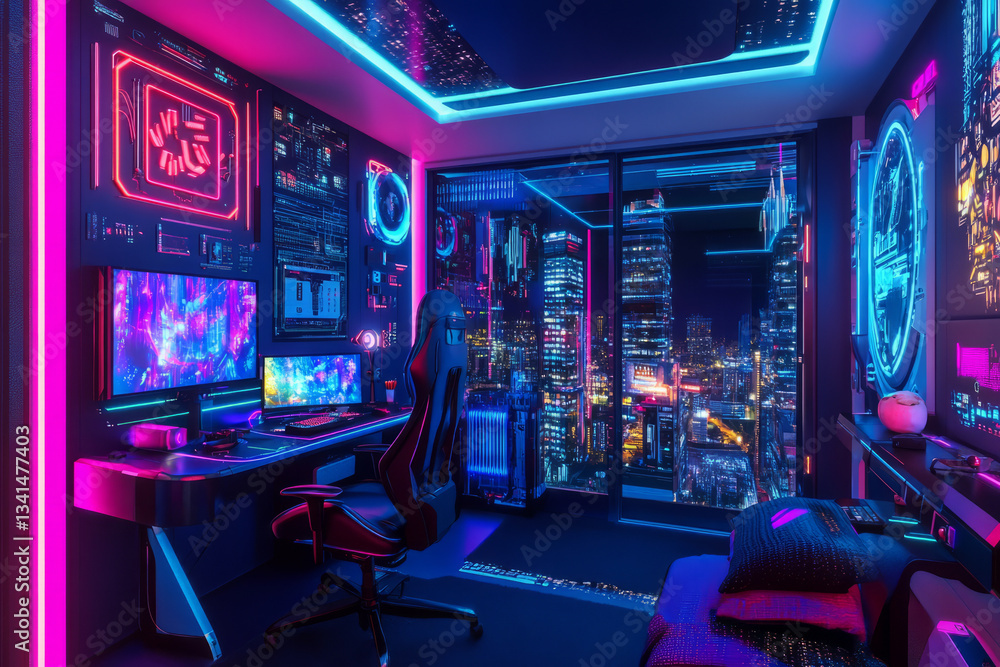 A vibrant neon cyberpunk bedroom 3D background room with holographic posters, glowing circuit board walls, and a high-tech gaming station. A massive digital cityscape is visible through the