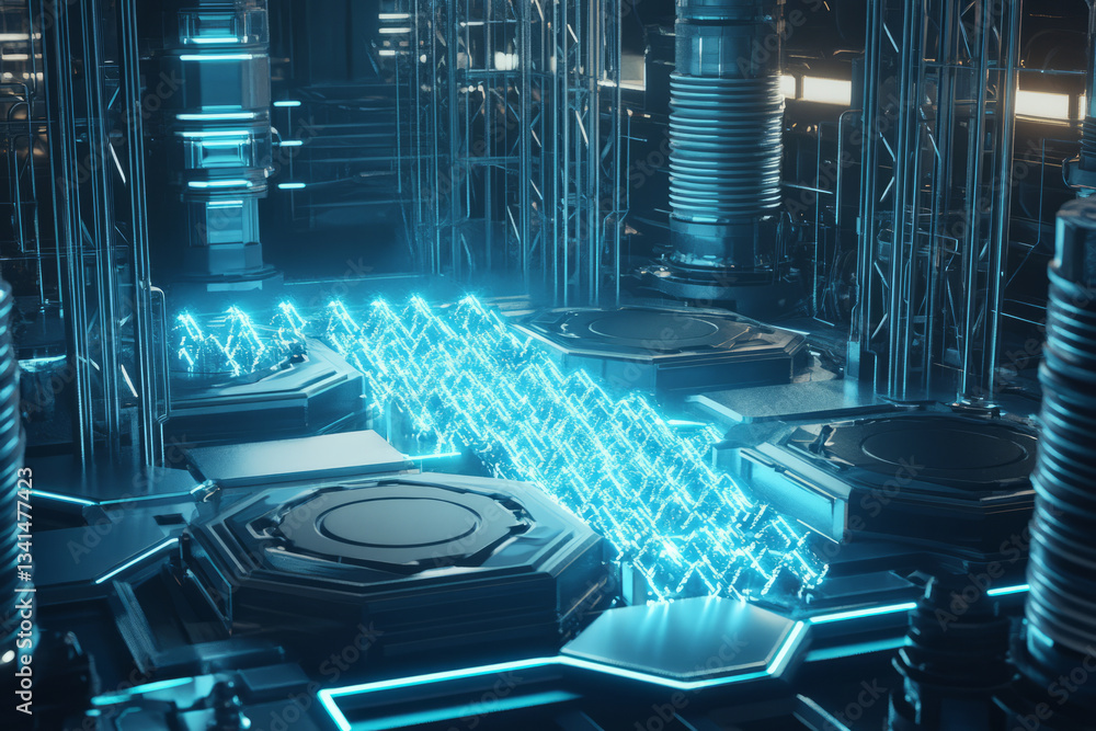 A futuristic power station in 3D where massive hexagonal energy cells emit waves of electric blue plasma. The industrial design, combined with a glowing power core, symbolizes next-generation energy