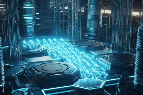 Obraz na płótnie A futuristic power station in 3D where massive hexagonal energy cells emit waves of electric blue plasma. The industrial design, combined with a glowing power core, symbolizes next-generation energy w salonie