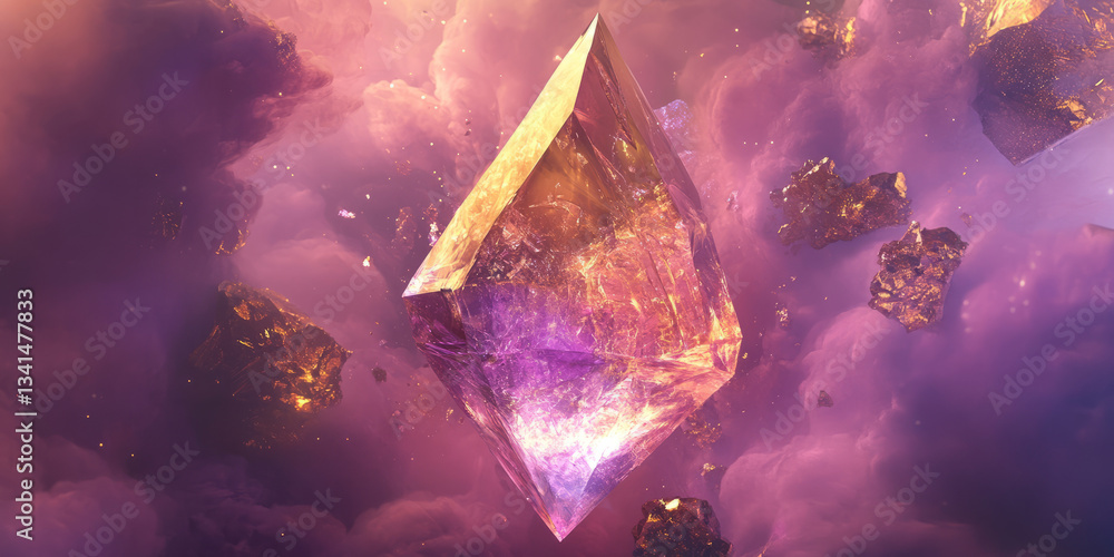 A surreal 3D background featuring an enormous floating crystal suspended in a cloud of cosmic dust. The shimmering purple and gold reflections create a mystical, otherworldly atmosphere.