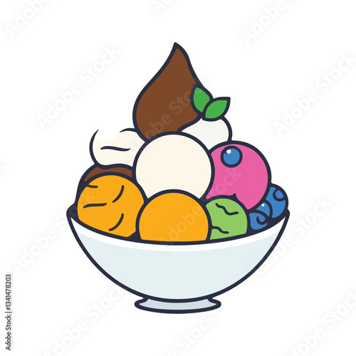 Ice-cream scoops in bowl set. Balls of chocolate, vanilla, strawberry, mint, orange, pistachios and blueberry ice cream. Set of vector cartoon flat illustrations. Fruity ice-cream for kids on white 