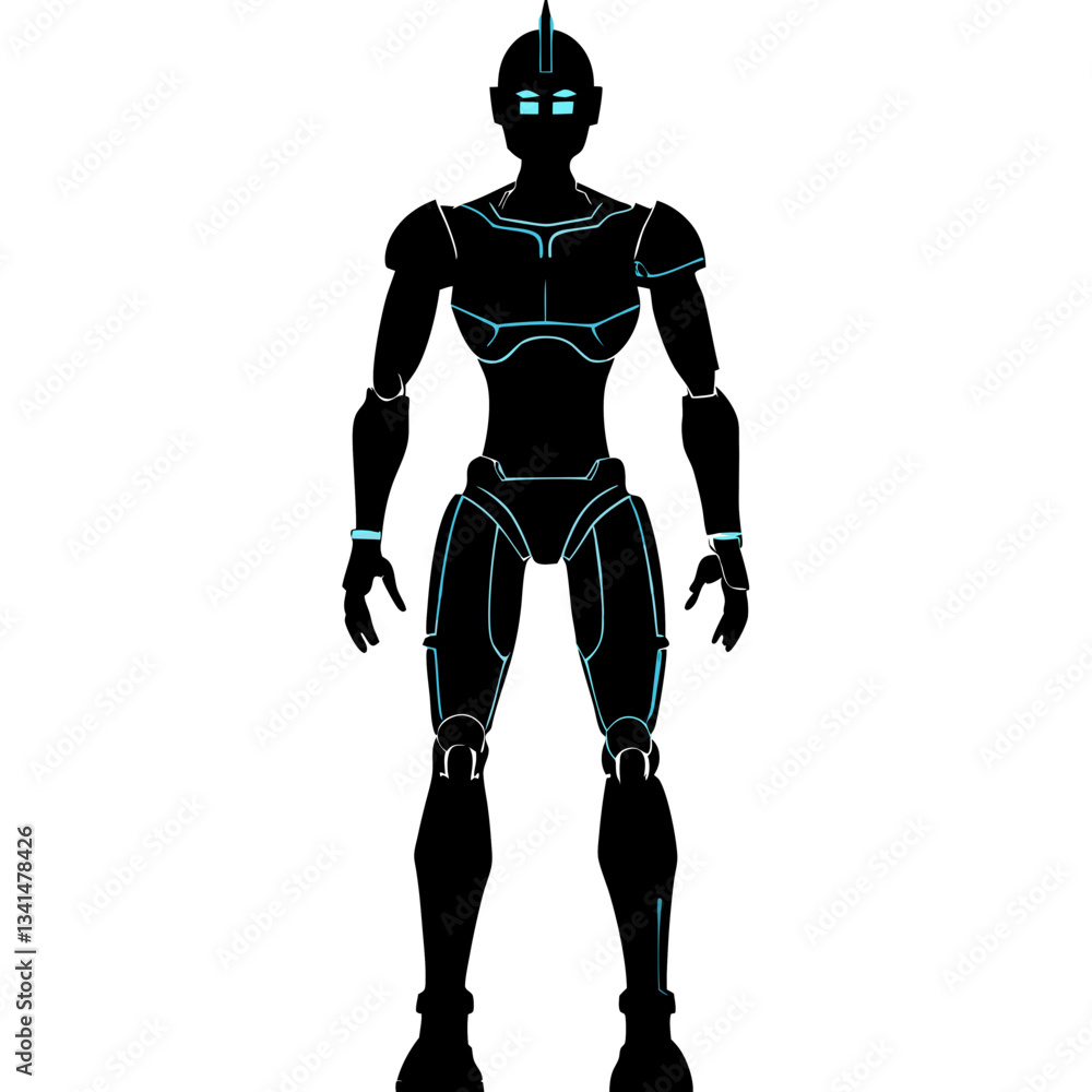 Silhouette of a futuristic humanoid robot, standing tall and powerful, symbolizing AI and innovation Silhouette of a futuristic humanoid robot, standing tall and powerful, symbolizing AI and innovation
