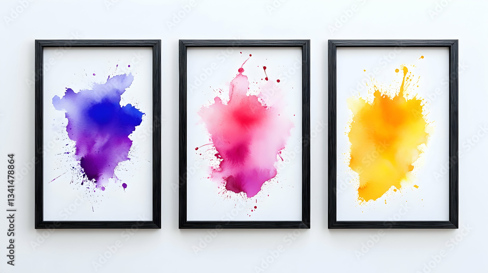 Fototapeta premium Three framed abstract watercolor paintings with vibrant splashes of blue, pink, and yellow. 