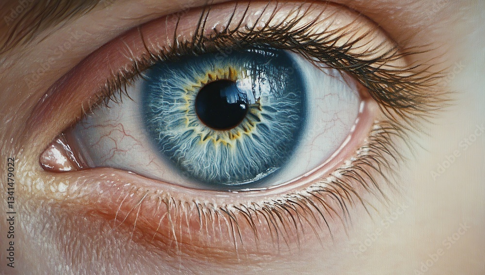 Close-up of a blue eye with a detailed iris and pupil, showcasing the health of the vision in an adult person Close-up of a blue eye with a detailed iris and pupil, showcasing the health of the vision in an adult person