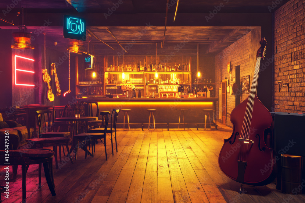 A hidden underground jazz club 3D background room with dim golden lighting reflecting off polished wooden floors, vintage instruments scattered across the stage, a neon-lit bar serving classic