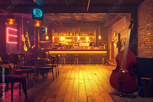A hidden underground jazz club 3D background room with dim golden lighting reflecting off polished wooden floors, vintage instruments scattered across the stage, a neon-lit bar serving classic