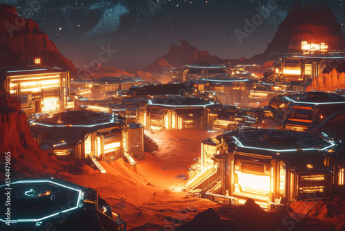 Obraz na płótnie A futuristic space colony with massive hexagonal habitat modules interconnected by glowing corridors. The ultra-modern buildings, illuminated pathways, and AI-controlled climate regulation create a w salonie