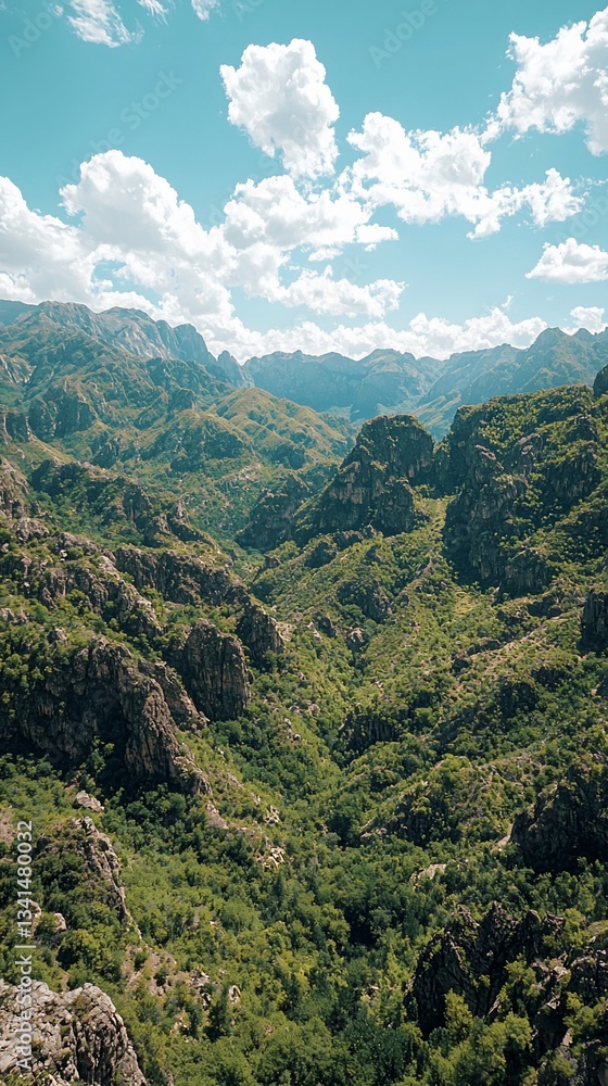 Fototapeta premium Mountain valley vista, lush greenery, rocky peaks, sunny sky