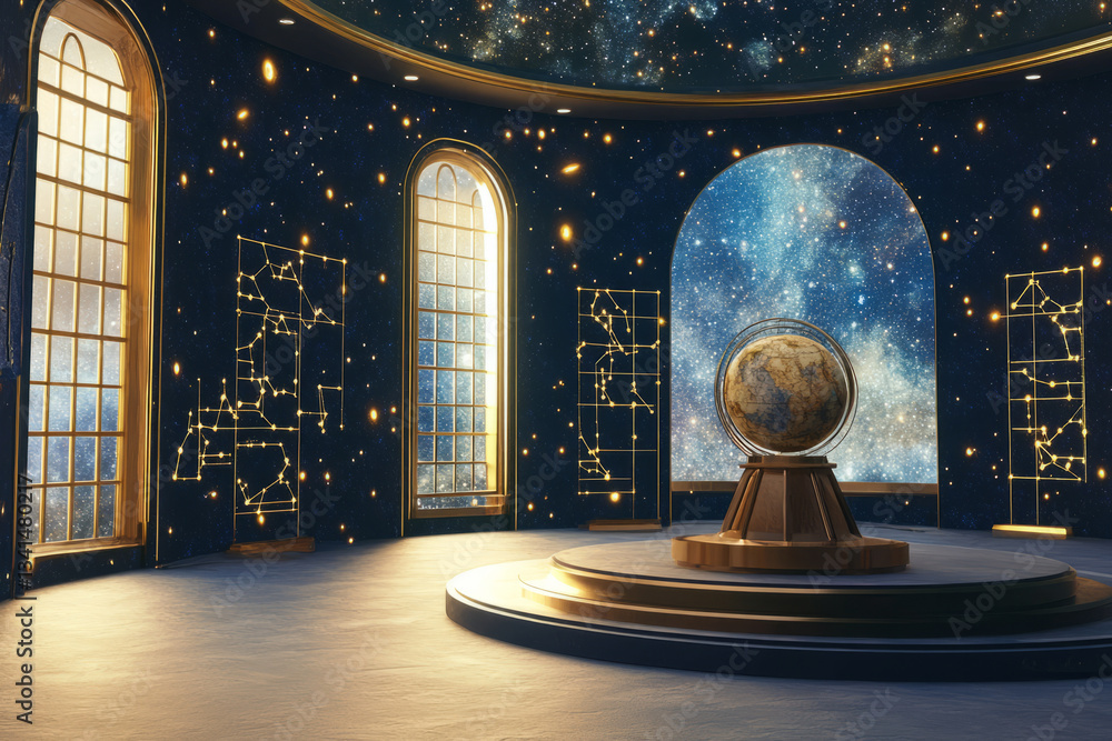 A grand celestial observatory 3D background room with a rotating planetary model, deep indigo walls covered in golden star charts, and large curved windows revealing a breathtaking cosmic vista. The