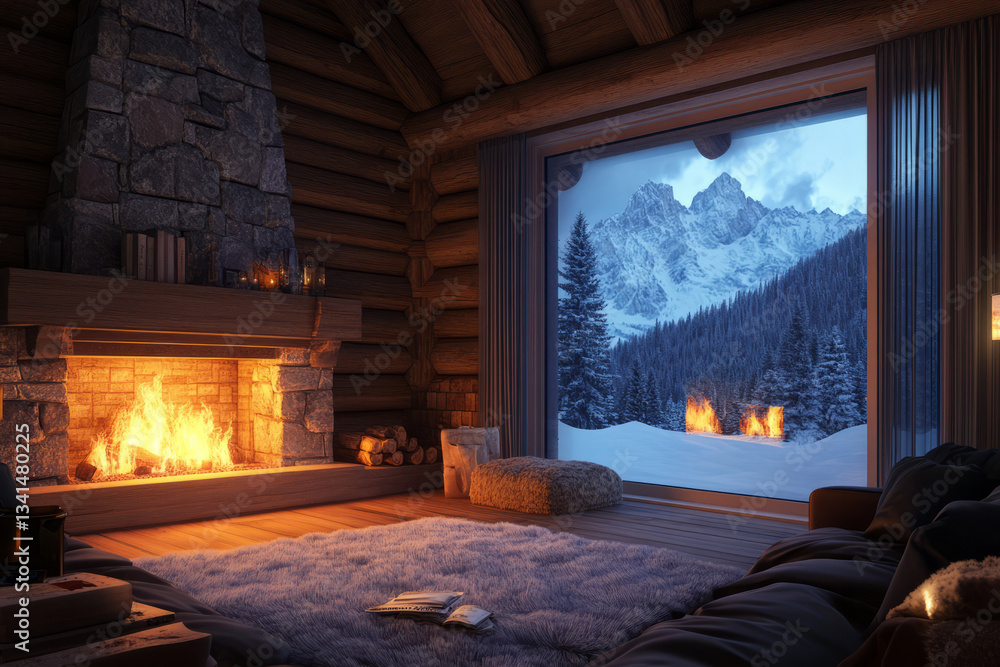 A cozy winter cabin 3D background room with a roaring fireplace, wooden log walls, and a large glass window revealing a snowy mountain landscape. Soft fur rugs and warm lighting create a welcoming and