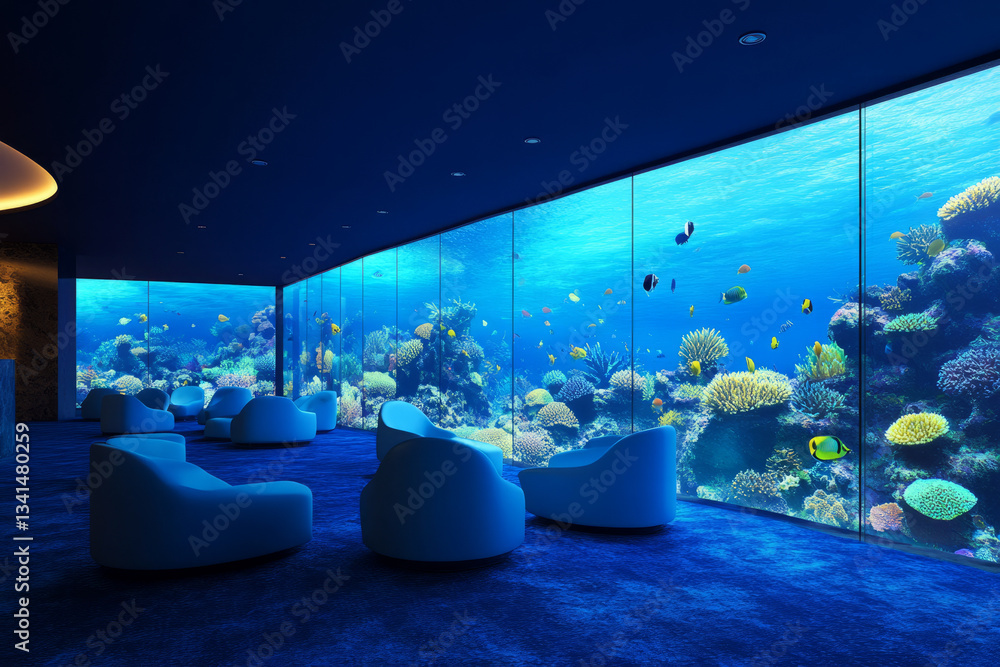 A giant aquarium lounge 3D background room with floor-to-ceiling glass walls revealing vibrant coral reefs and exotic fish swimming by. Soft blue lighting and comfortable seating create a tranquil