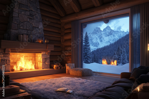 Obraz na płótnie A cozy winter cabin 3D background room with a roaring fireplace, wooden log walls, and a large glass window revealing a snowy mountain landscape. Soft fur rugs and warm lighting create a welcoming and w salonie