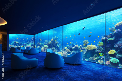 Obraz na płótnie A giant aquarium lounge 3D background room with floor-to-ceiling glass walls revealing vibrant coral reefs and exotic fish swimming by. Soft blue lighting and comfortable seating create a tranquil w salonie