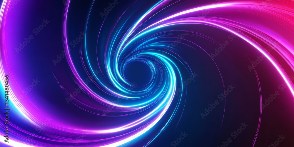 A cyberpunk-style 3D background depicting a glowing digital vortex composed of swirling neon lines. The vibrant blues, purples, and pinks create a high-energy, immersive digital aesthetic.