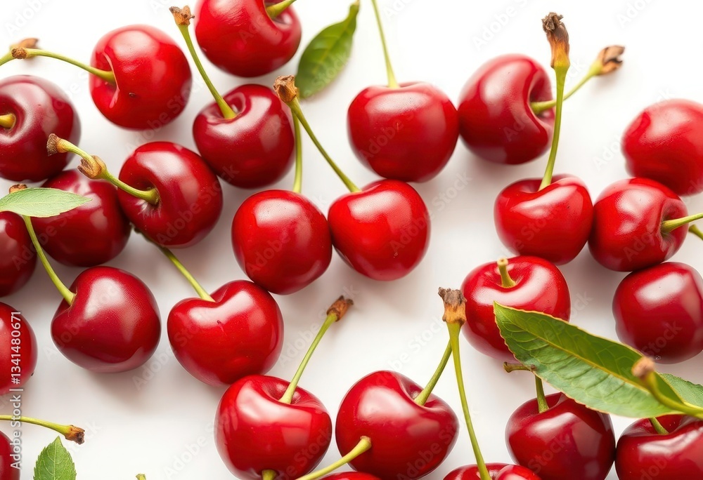 Close-up of vibrant red cherries on a clean white background , minimalist, bright Close-up of vibrant red cherries on a clean white background , minimalist, bright