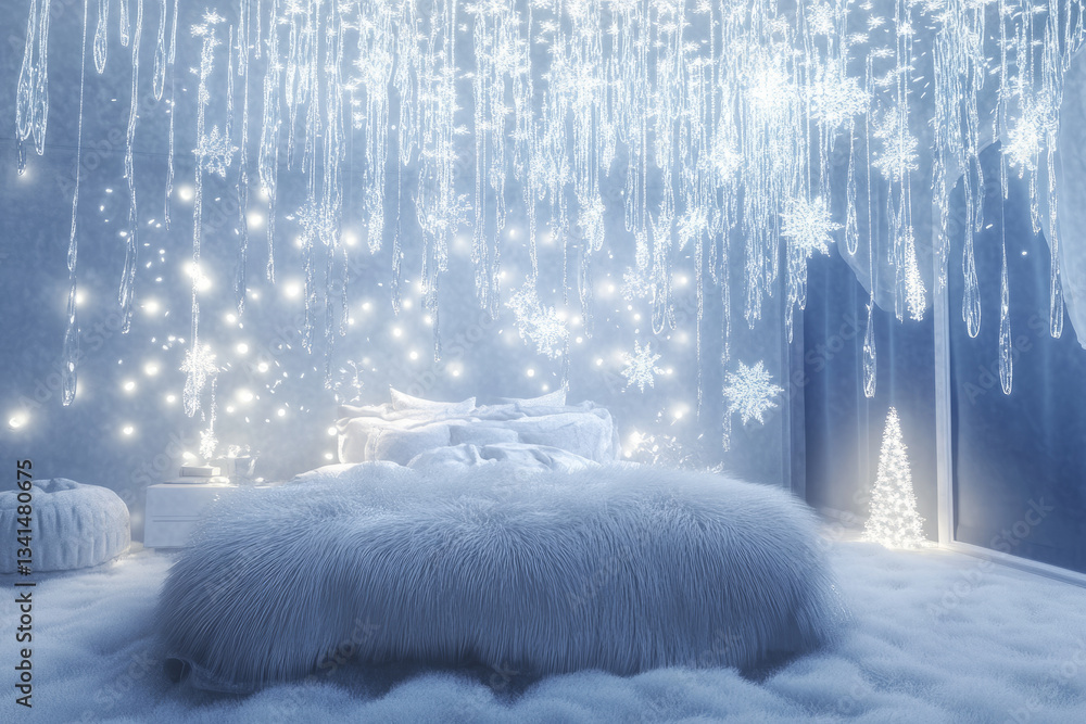 A magical winter wonderland bedroom 3D background room with icicle chandeliers, a bed covered in fluffy white fur blankets, and glowing snowflakes falling gently from an enchanted ceiling. The frozen