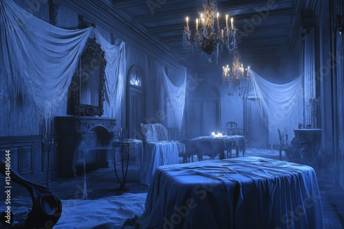 Obraz na płótnie A haunted Victorian mansion 3D background room with flickering candlelight, antique furniture covered in white sheets, cobwebs draping over grand chandeliers, and ghostly whispers echoing through the w salonie