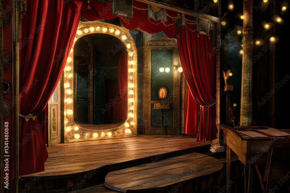 A grand opera house backstage 3D background with intricate stage props, luxurious velvet curtains, and an illuminated mirror reflecting a performer preparing for a show. The atmosphere captures the