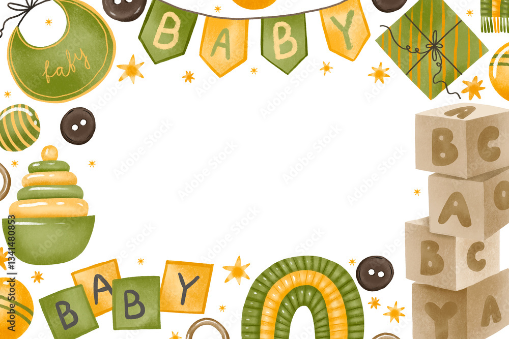 Obraz premium Baby boy and girl toys horizontal border frame. Gender neutral invitation card for baby shower with toys. Hand drawn baby shower things, toy, rattle. Newborn, baby birth, toddler