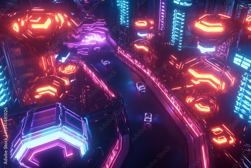 A futuristic racing track with massive hexagonal checkpoints glowing with pulsating neon light. The high-speed hover vehicles leave behind vibrant energy trails as they maneuver through the sci-fi