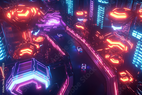 Obraz na płótnie A futuristic racing track with massive hexagonal checkpoints glowing with pulsating neon light. The high-speed hover vehicles leave behind vibrant energy trails as they maneuver through the sci-fi w salonie
