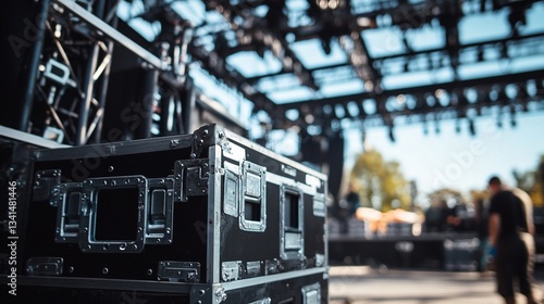Outdoor concert stage setup, equipment cases, crew preparing