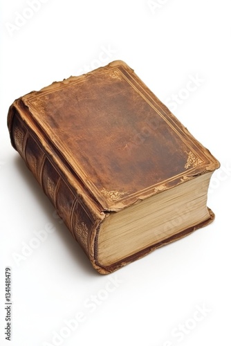 Antique leather-bound book isolated on white background.