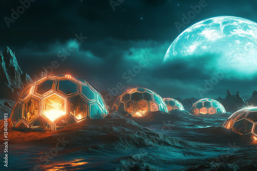 A futuristic space colony where hexagonal domes house self-sustaining habitats on an alien planet. The glowing atmosphere, advanced AI climate control, and biomechanical ecosystems create a vision of