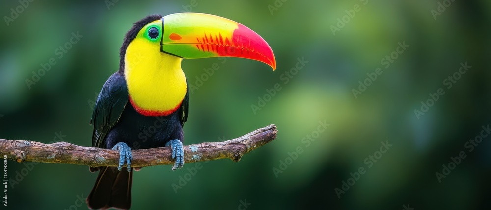Obraz premium Vibrant Toucan Perched on Branch with Lush Green Background, Showcasing Bright Colors and Exotic Feathers of Tropical Bird in Natural Habitat