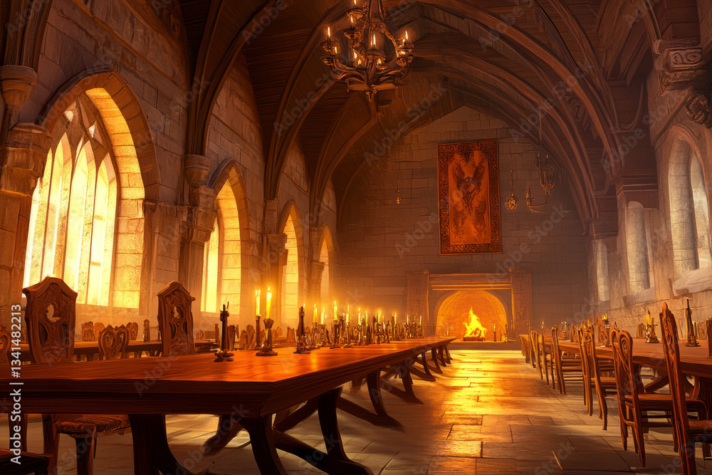 A vast medieval great hall 3D background room with long wooden banquet tables, flickering torchlight on stone walls, and a grand fireplace casting a warm golden glow. The high vaulted ceilings are