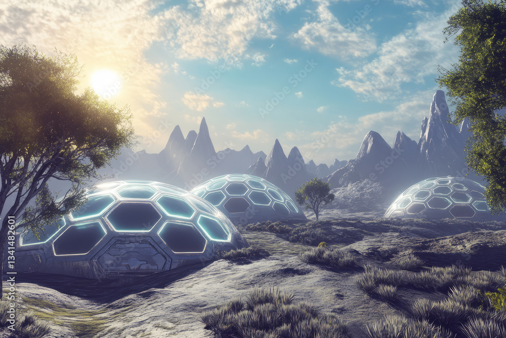 A futuristic space colony where hexagonal domes house self-sustaining habitats on an alien planet. The glowing atmosphere, advanced AI climate control, and biomechanical ecosystems create a vision of