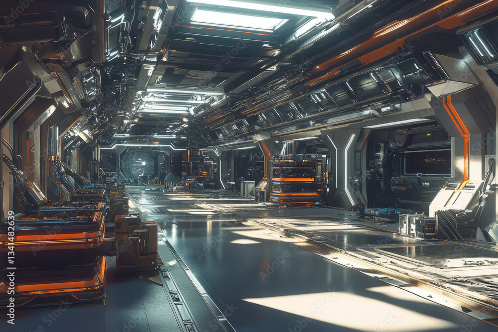 A massive spaceship cargo bay 3D background room with towering storage containers, robotic loaders, and a futuristic docking station for incoming interstellar vessels. Dim industrial lighting casts