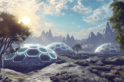 Obraz na płótnie A futuristic space colony where hexagonal domes house self-sustaining habitats on an alien planet. The glowing atmosphere, advanced AI climate control, and biomechanical ecosystems create a vision of w salonie