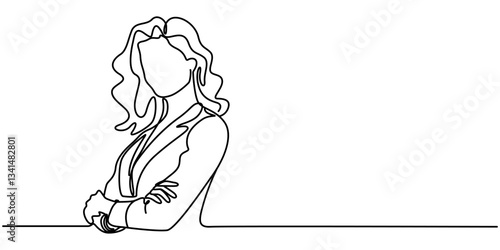 continuous single line drawing of business woman with her arms crossed, line art vector illustration, Continuous line drawing of smiling blonde business woman, continuous line drawing standing.