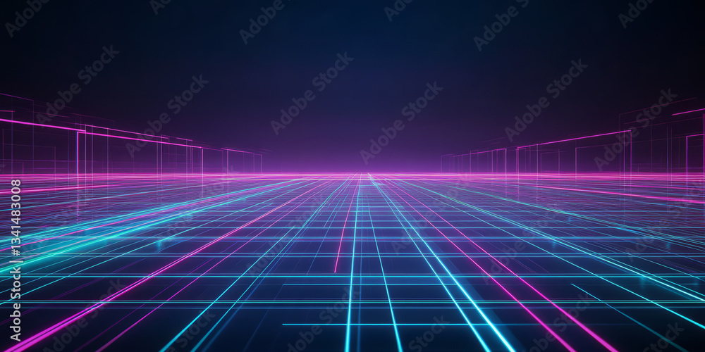 A futuristic 3D background with a maze-like grid of glowing neon lines stretching into the distance. The deep black floor reflects the vibrant blue and purple lights, creating a high-tech,