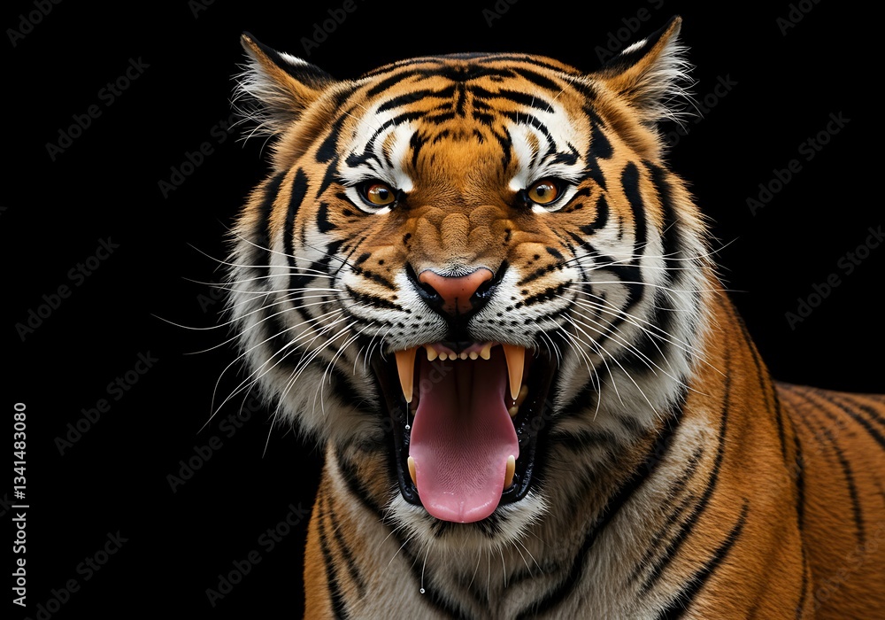 Fototapeta premium Fierce Tiger Portrait Against Black Background. Generative Ai